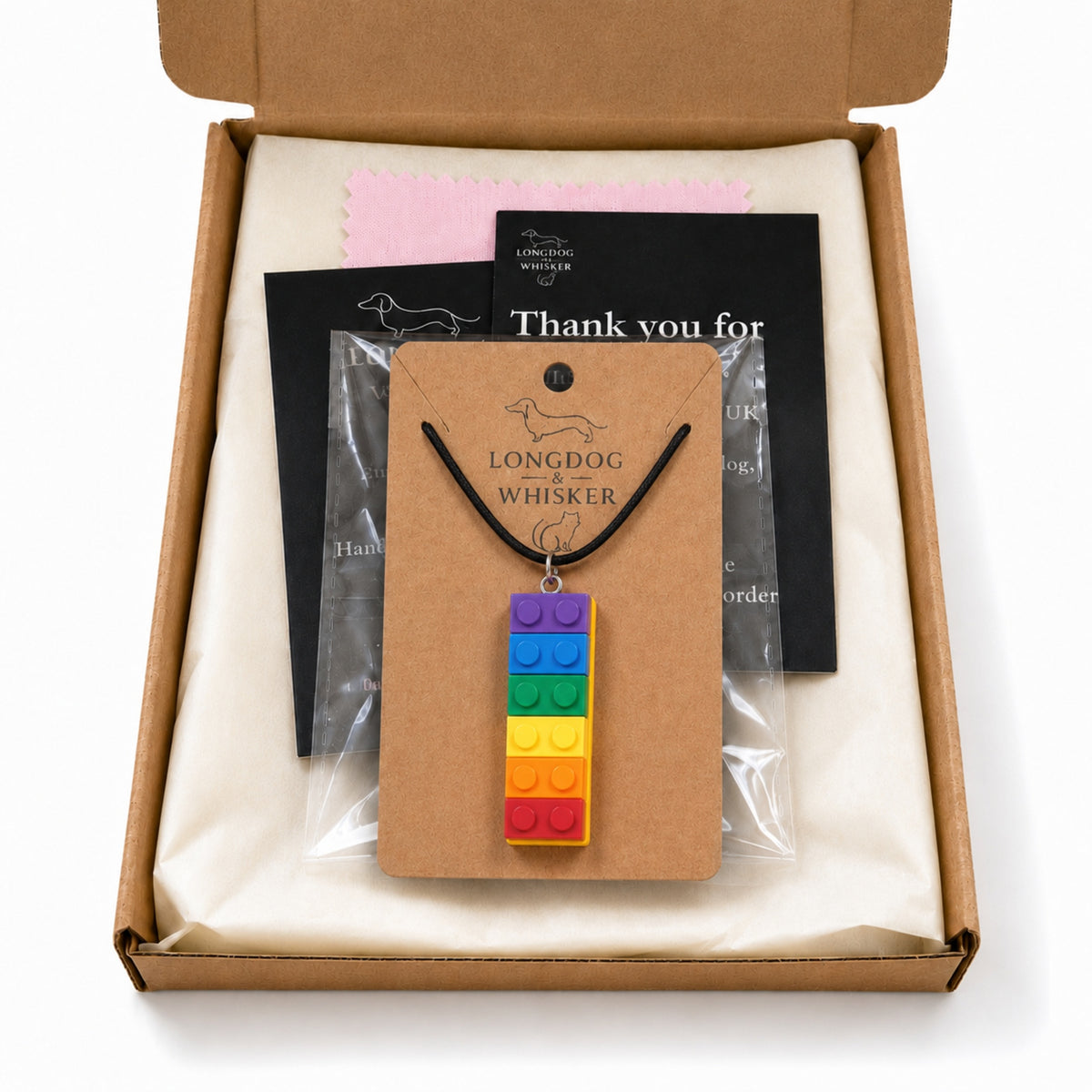 Pride Brick Necklace - Purple to Red with Longdog & Whisker packaging