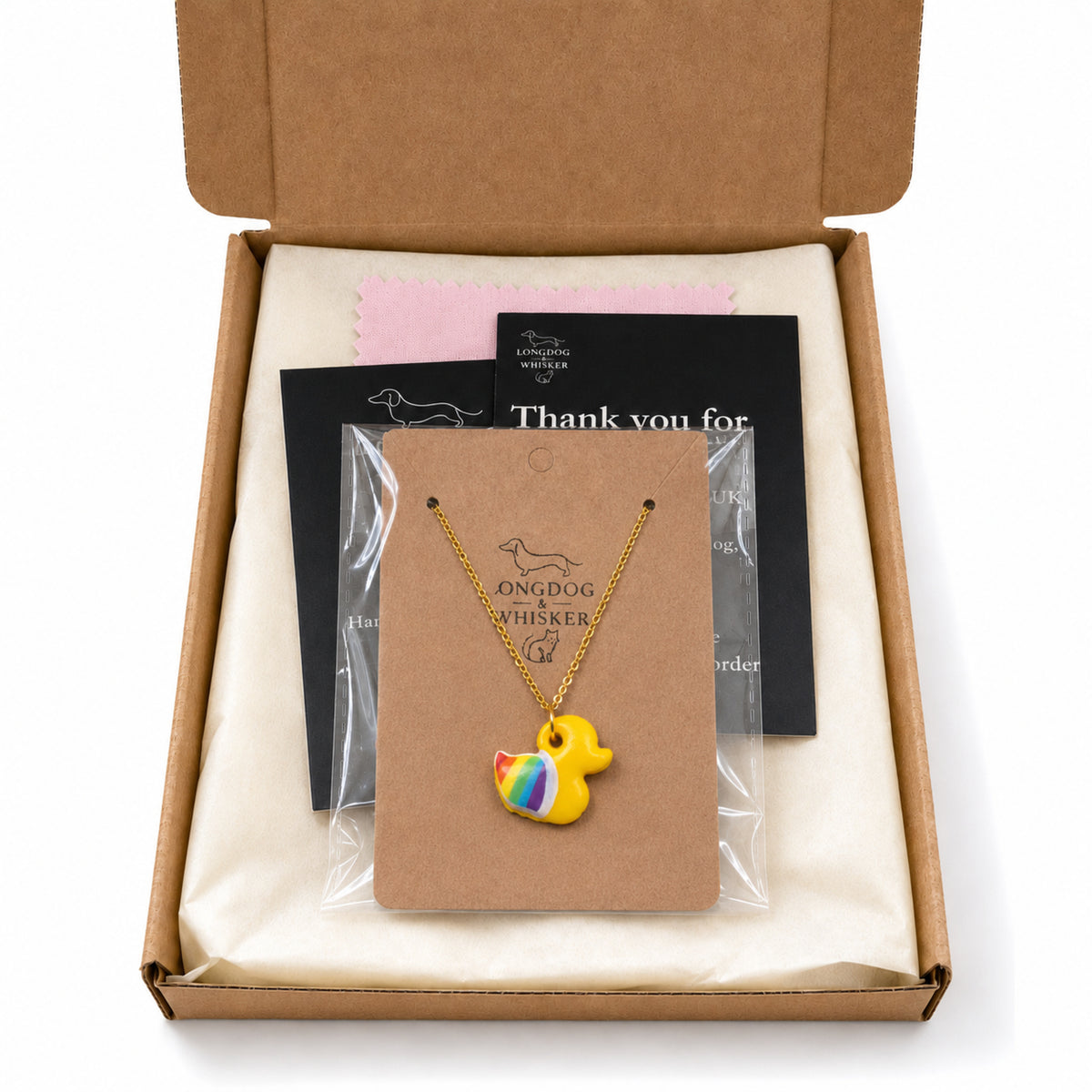 Pride Ducky Necklace Gold Chain with Longdog & Whisker packaging