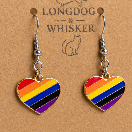 Close-up detail of Pride Rainbow Heart Drop Earrings Silver Hooks