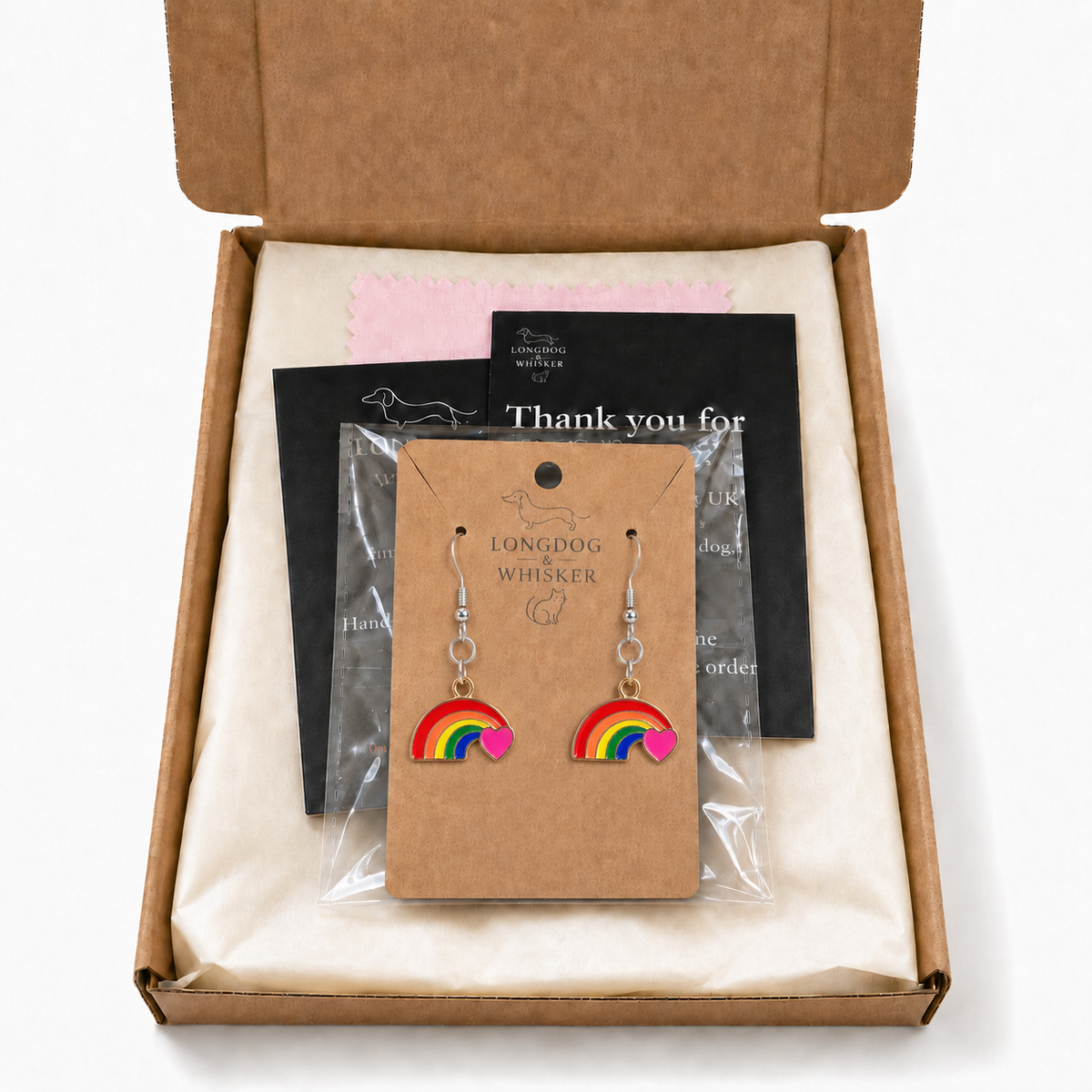 Pride Rainbow and Heart Drop Earrings Silver Hooks with Longdog & Whisker packaging