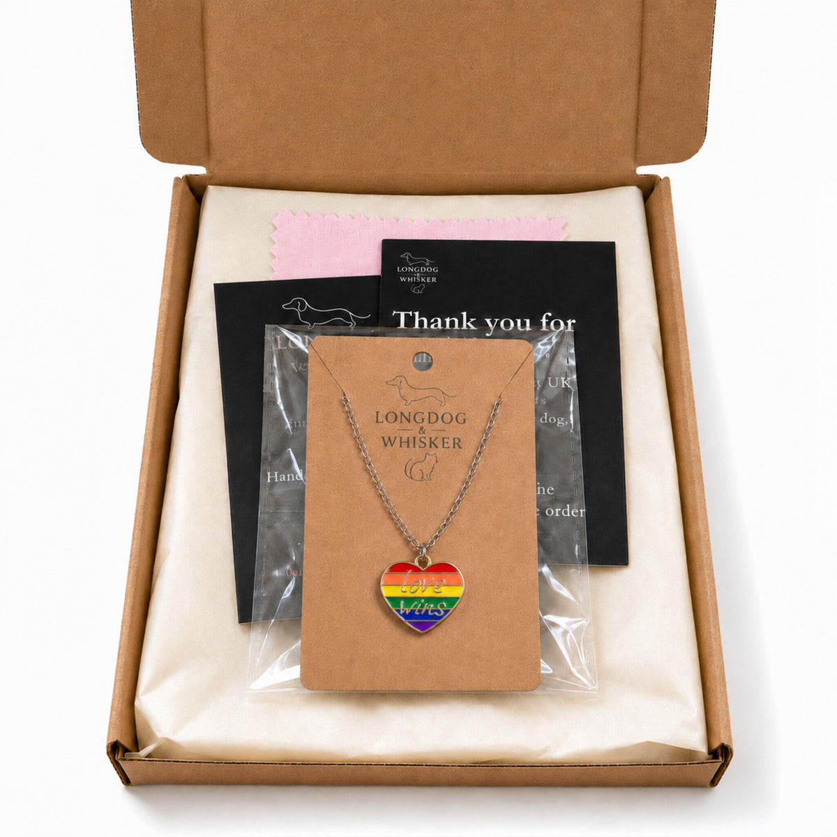 Pride Love Wins Heart Necklace Silver Chain with Longdog & Whisker packaging