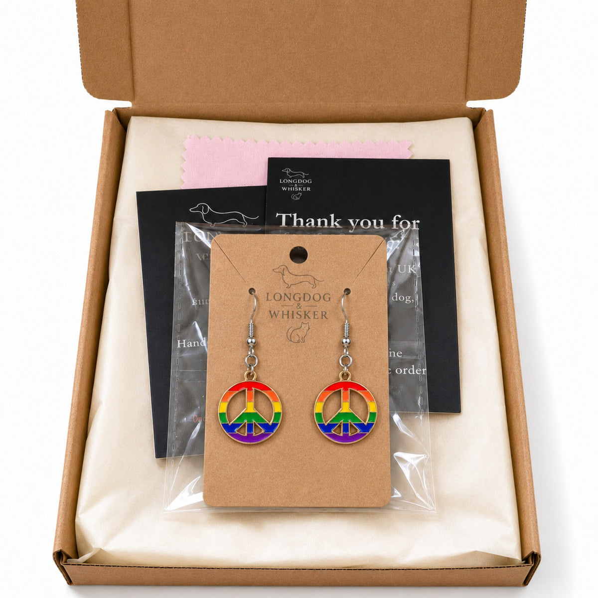 Pride Rainbow Peace Drop Earrings Silver Hooks with Longdog & Whisker packaging