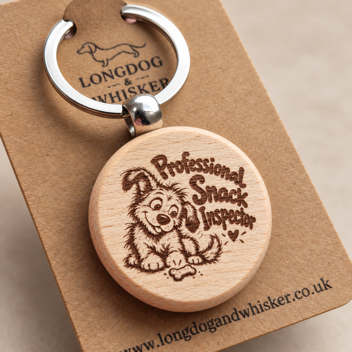 Close-up of Professional Snack Inspector dog artwork, natural wood edge and silver-tone connector