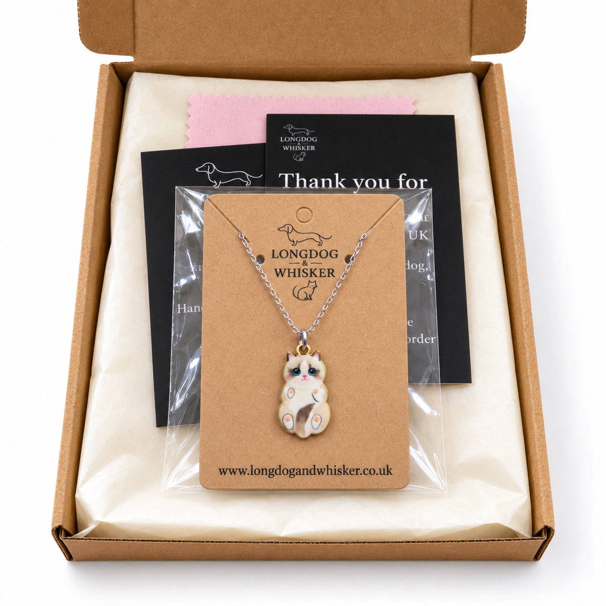 Ragdoll Belly Rub Cat Necklace in gift-ready Longdog & Whisker packaging