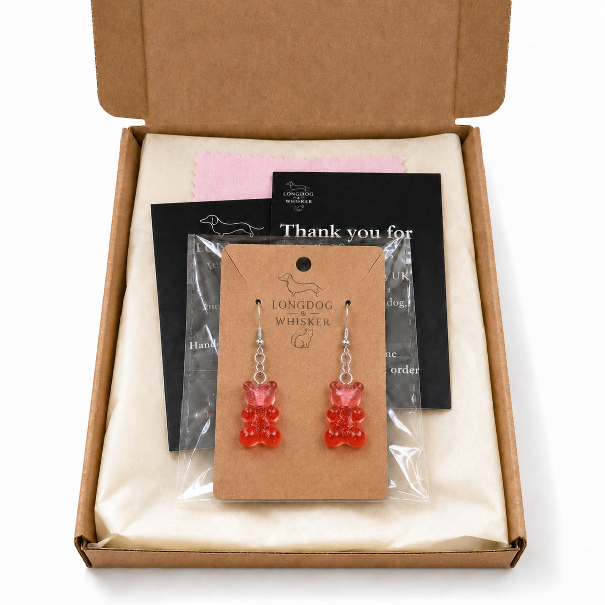 Gummy Bear Earrings - Red/Pink with Longdog & Whisker packaging