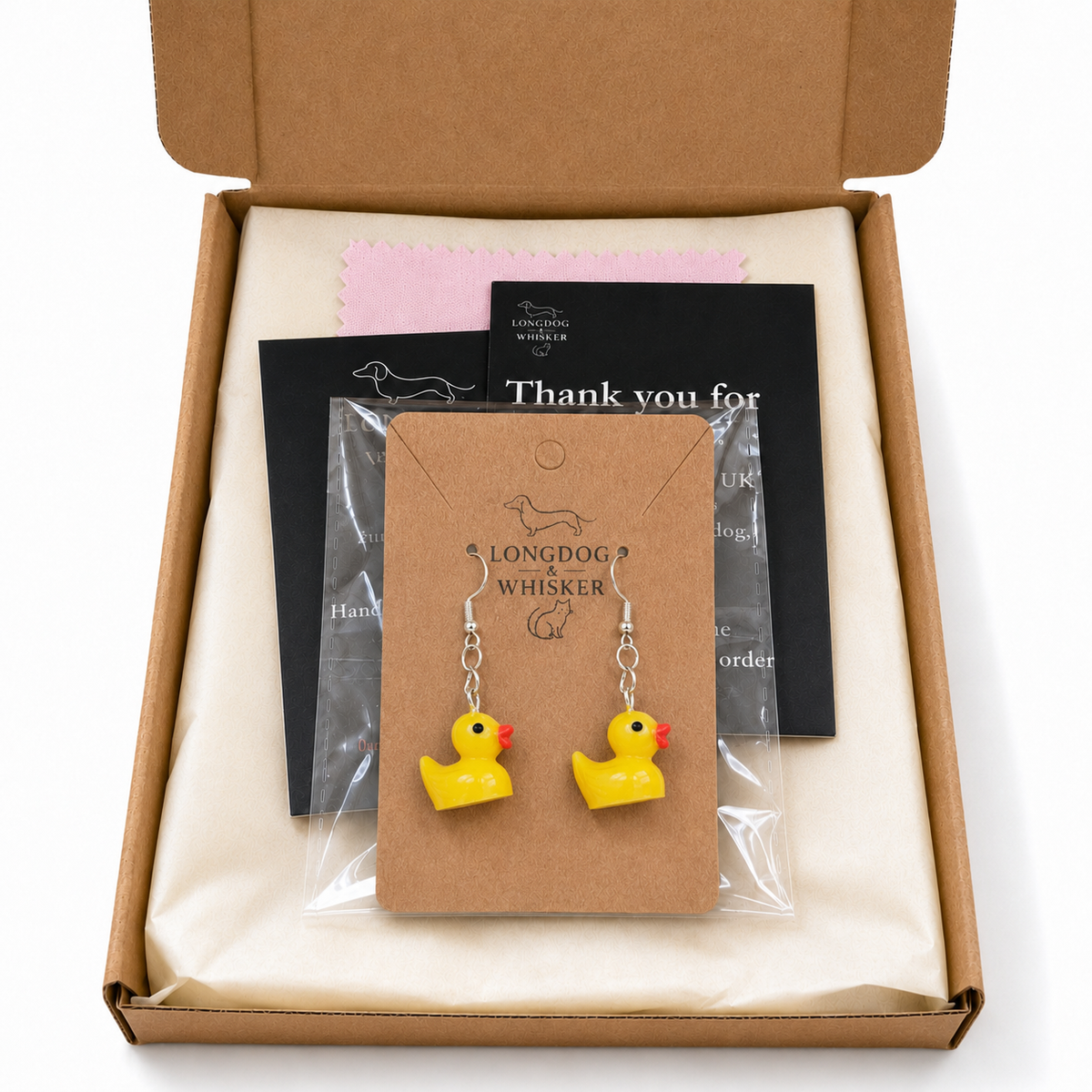 Rubber Duck Earrings in Longdog and Whisker packaging