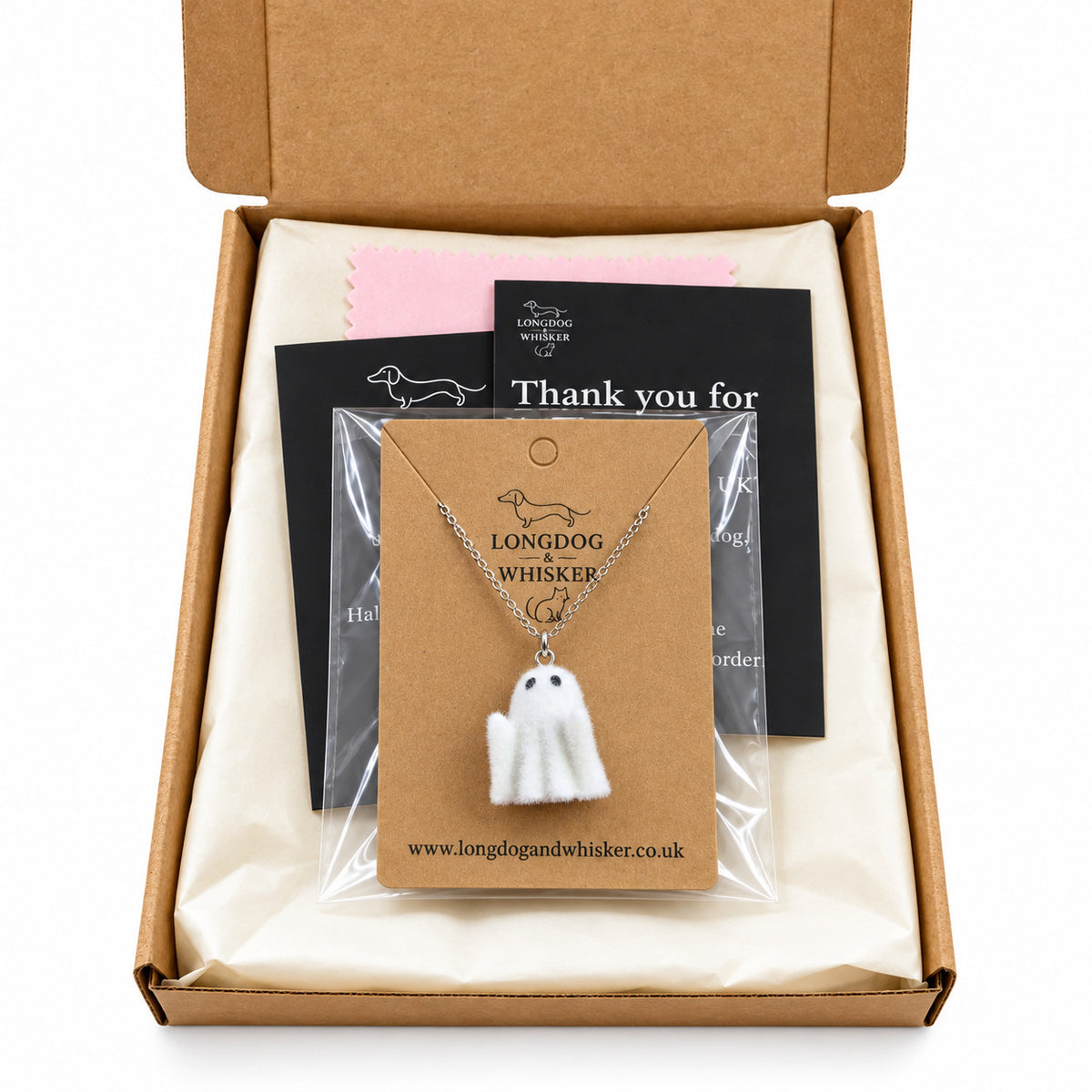 Rudie Ghost Necklace packaged in a Longdog & Whisker gift box