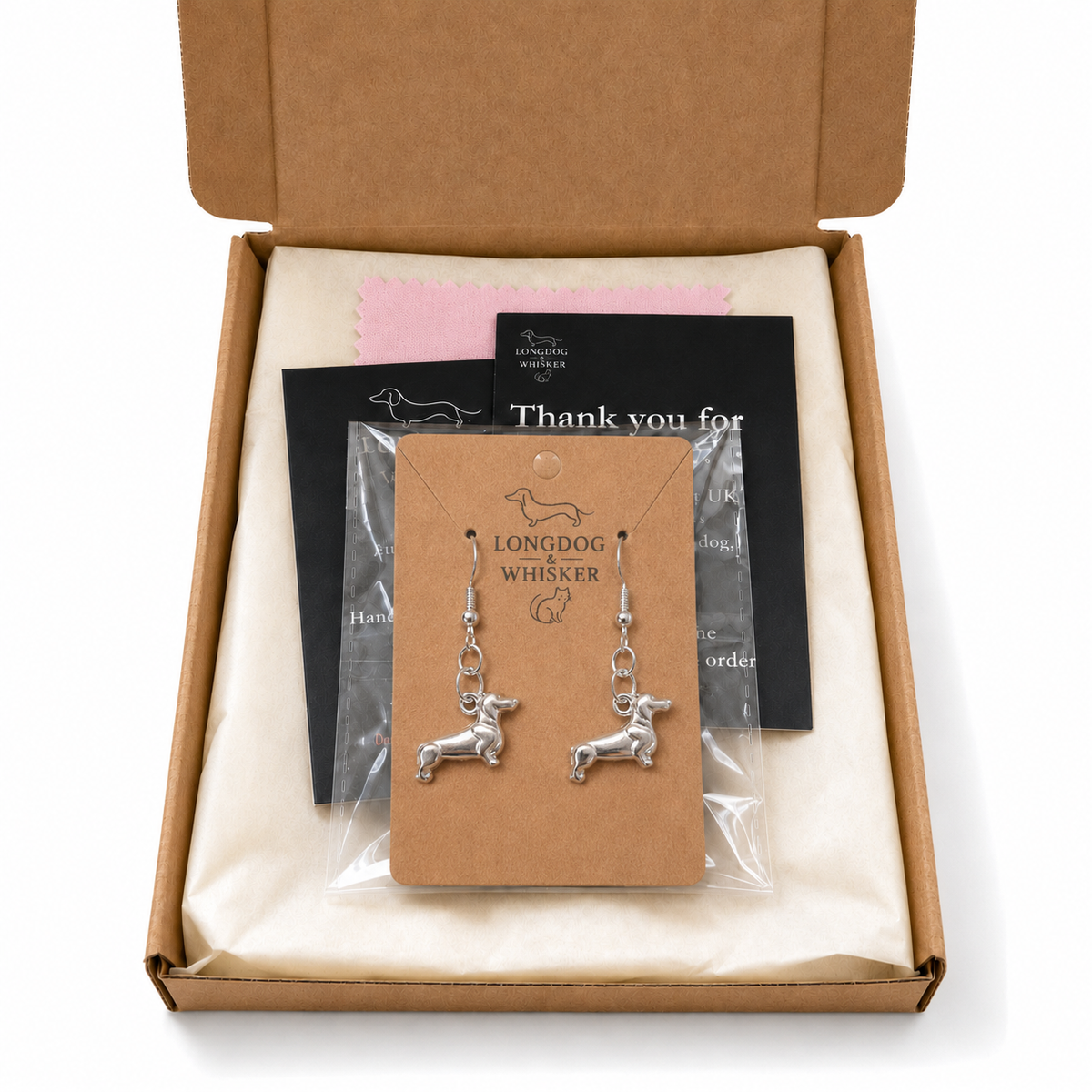 Sausage Dog Earrings - Silver with Longdog & Whisker packaging