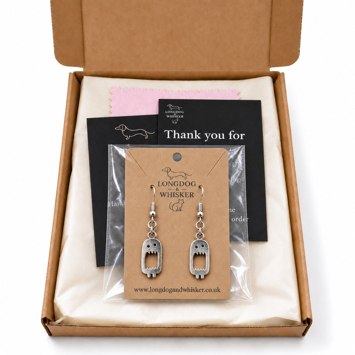 Screaming monster drop earrings in Longdog & Whisker gift packaging