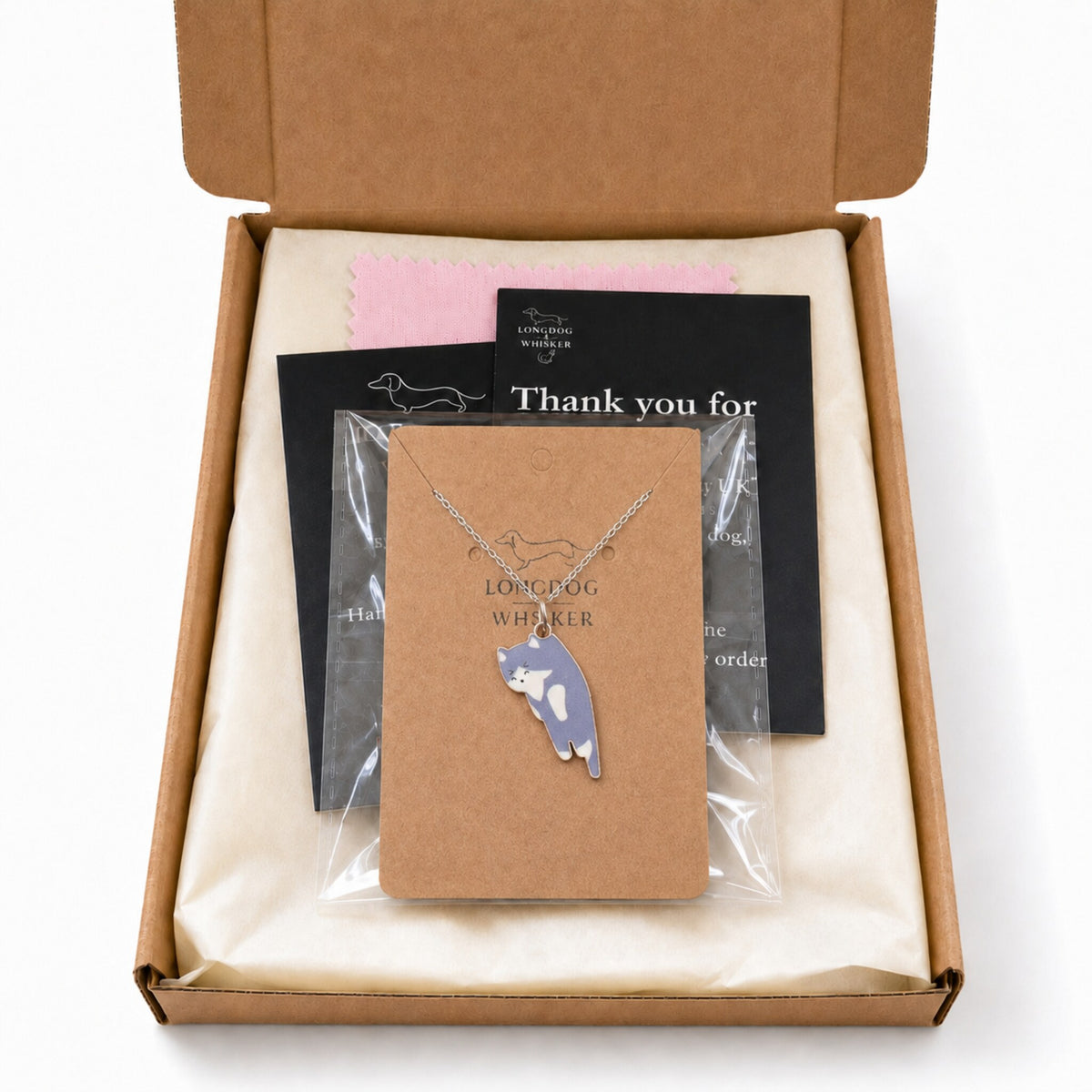 Scruffles Cat Necklace - Grey with Longdog & Whisker packaging
