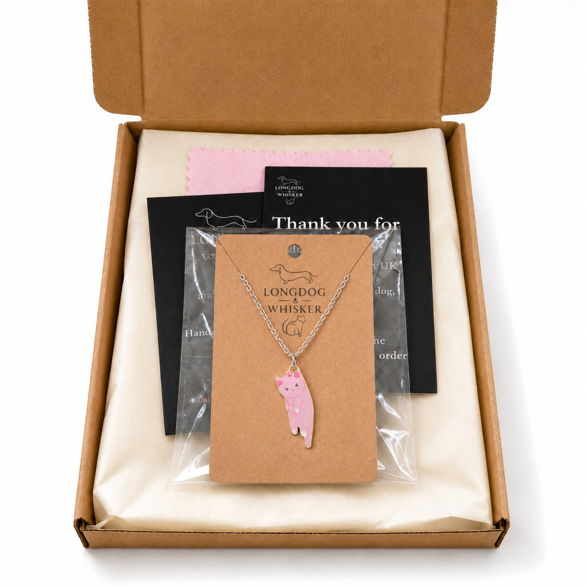 Scruffles Cat Necklace - Pink with Longdog & Whisker packaging