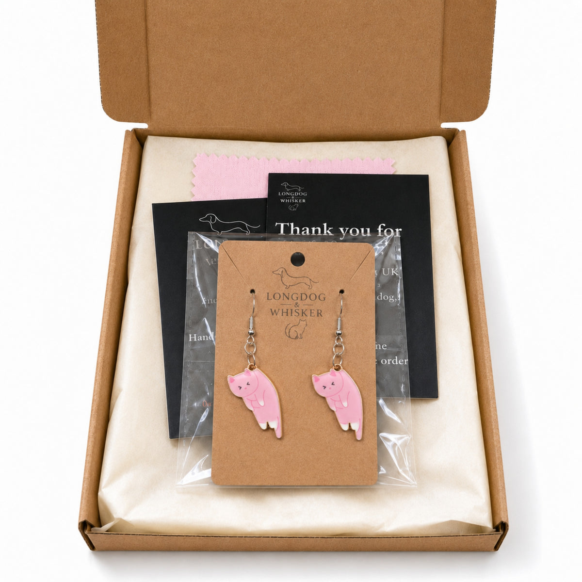 Scruffles Cat Earrings - Pink with Longdog & Whisker packaging