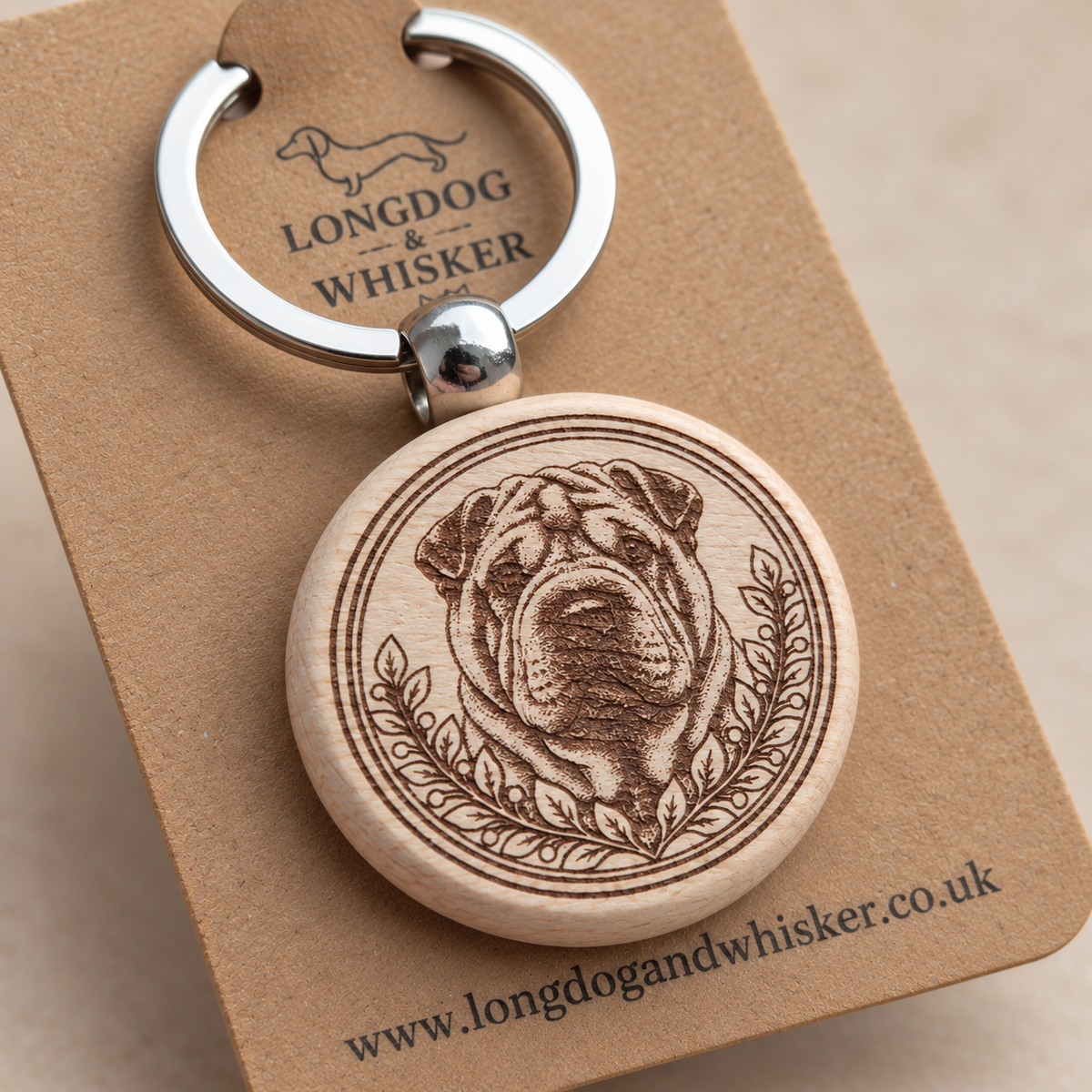 Close-up of Shar Pei portrait, leafy border, natural wood edge and silver connector
