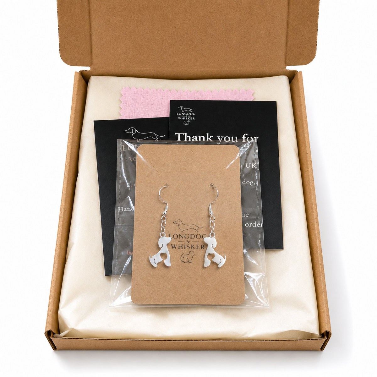 Cat At Heart Dog Earrings - Silver with Longdog & Whisker packaging