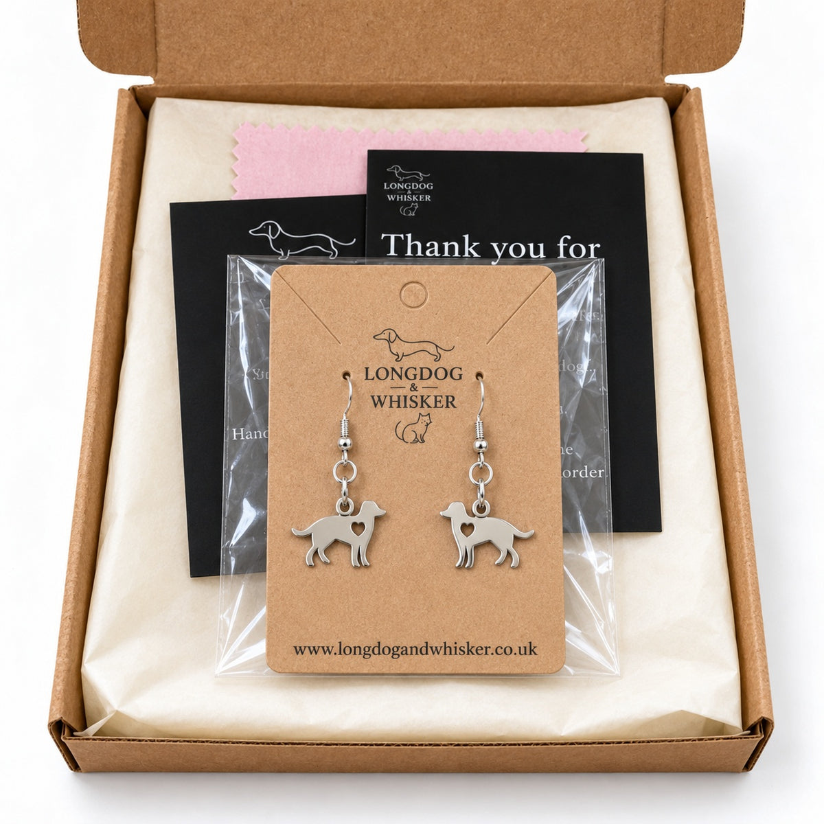 Silver Dog Lover’s Heart Earrings in gift-ready Longdog & Whisker packaging