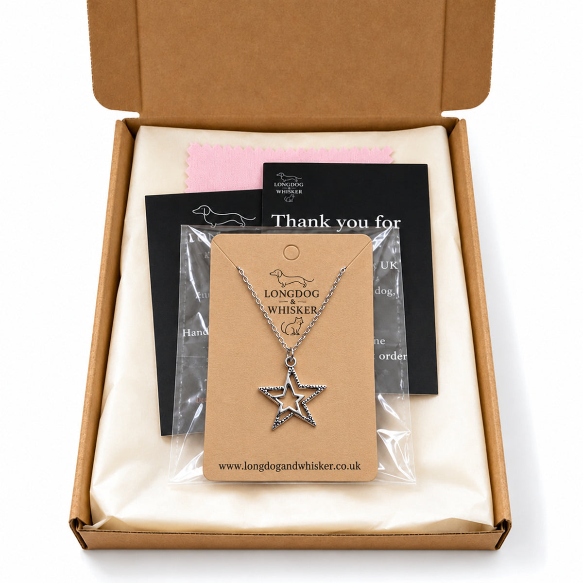 Silver double star necklace in Longdog & Whisker postal packaging.