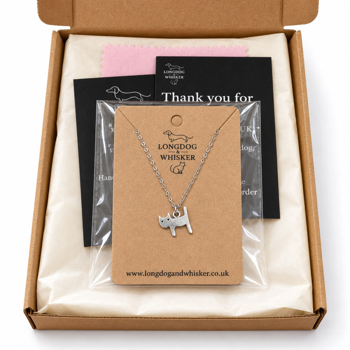 Silver Little Cat Necklace in gift-ready Longdog & Whisker packaging