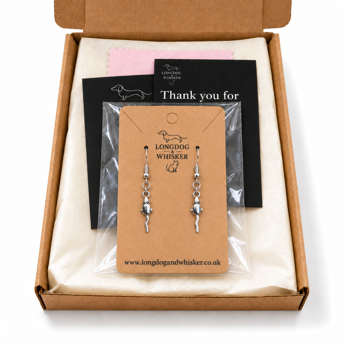 Silver-tone mouse earrings in Longdog & Whisker kraft packaging