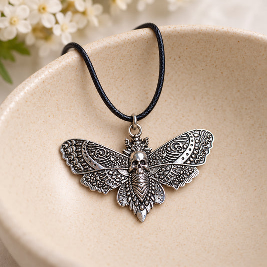Silver skull moth pendant and black cord resting in a speckled ceramic bowl