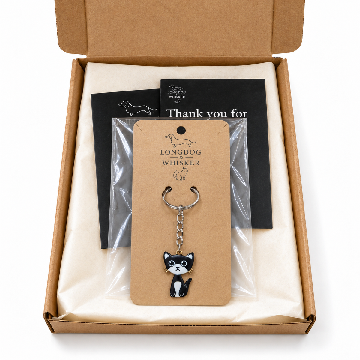 Simon cat keyring in Longdog & Whisker gift-ready packaging