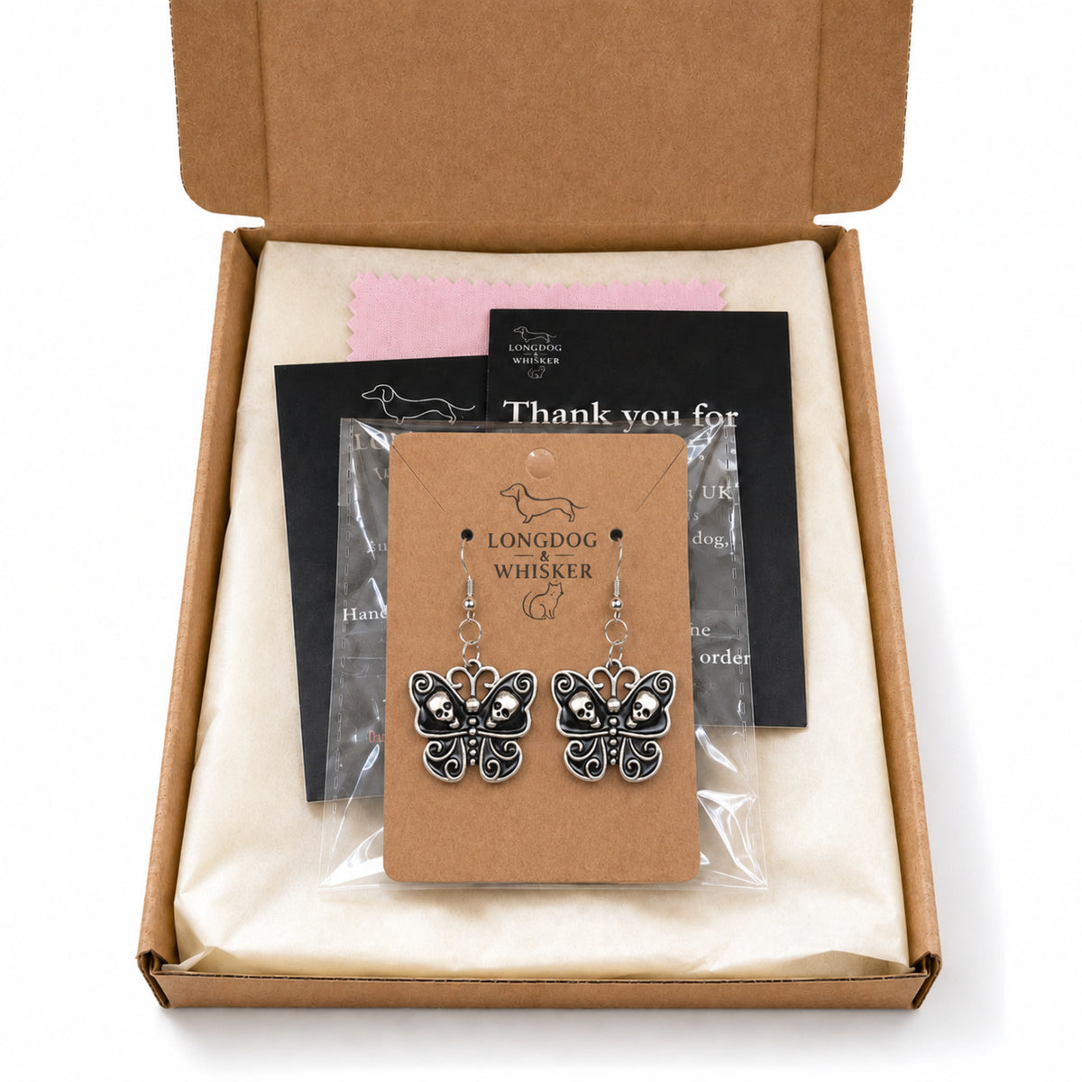Skull Butterfly Earrings with Longdog & Whisker packaging