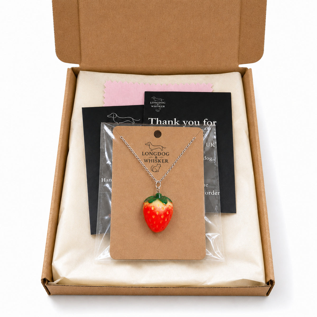 Strawberry Necklace - Silver Chain with Longdog & Whisker packaging