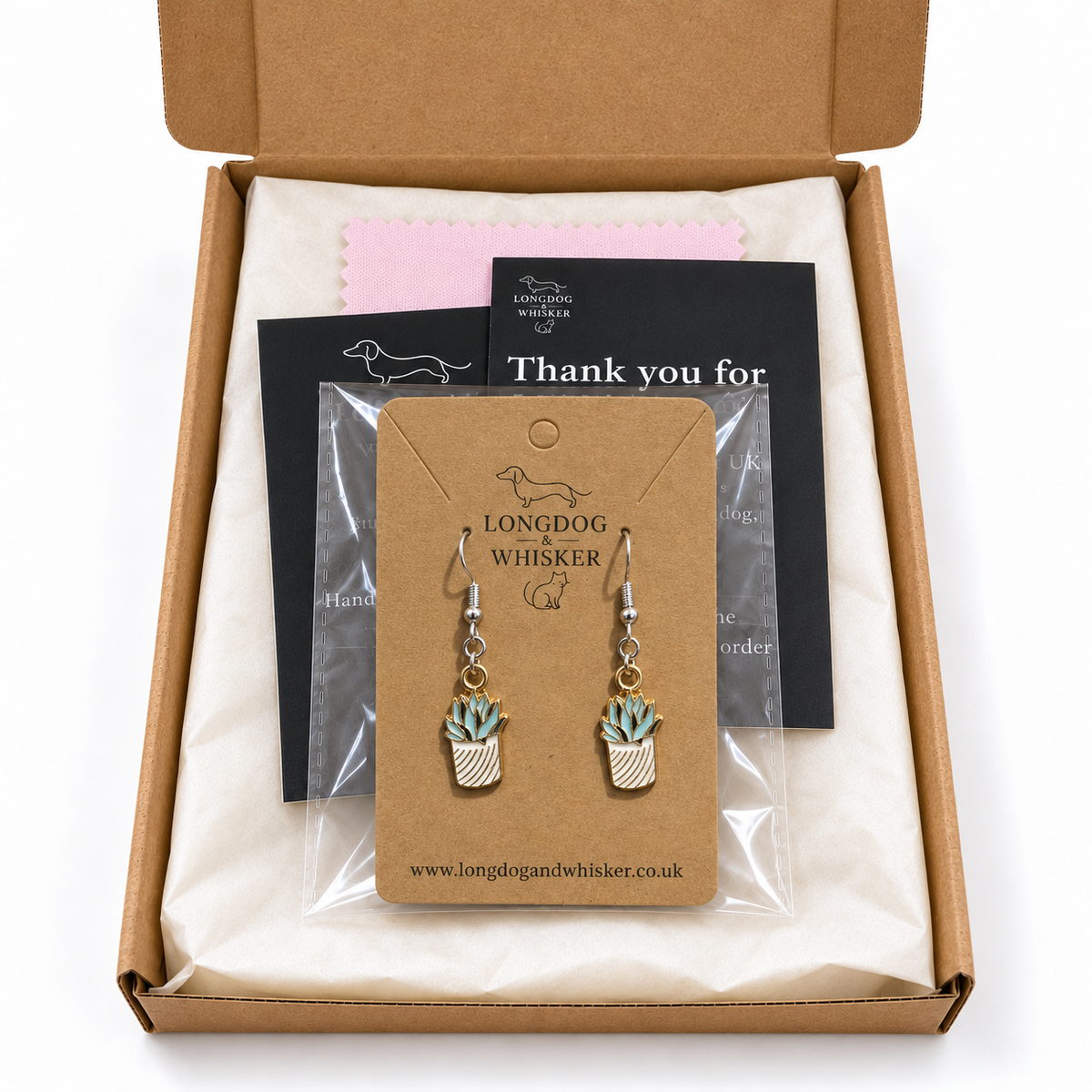 Stripy Succulent Earrings in Longdog & Whisker gift packaging