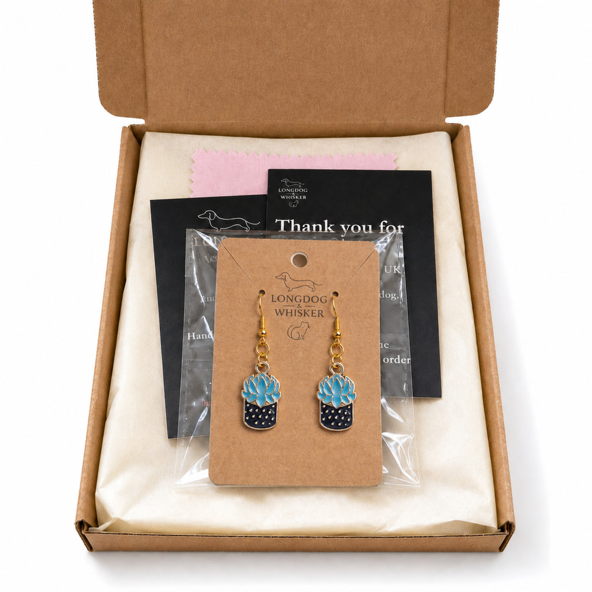 Succulent Blue Earrings with Longdog & Whisker packaging