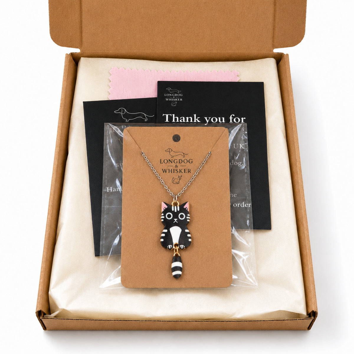 Tick Tock Cat Necklace - Black & White with Longdog & Whisker packaging