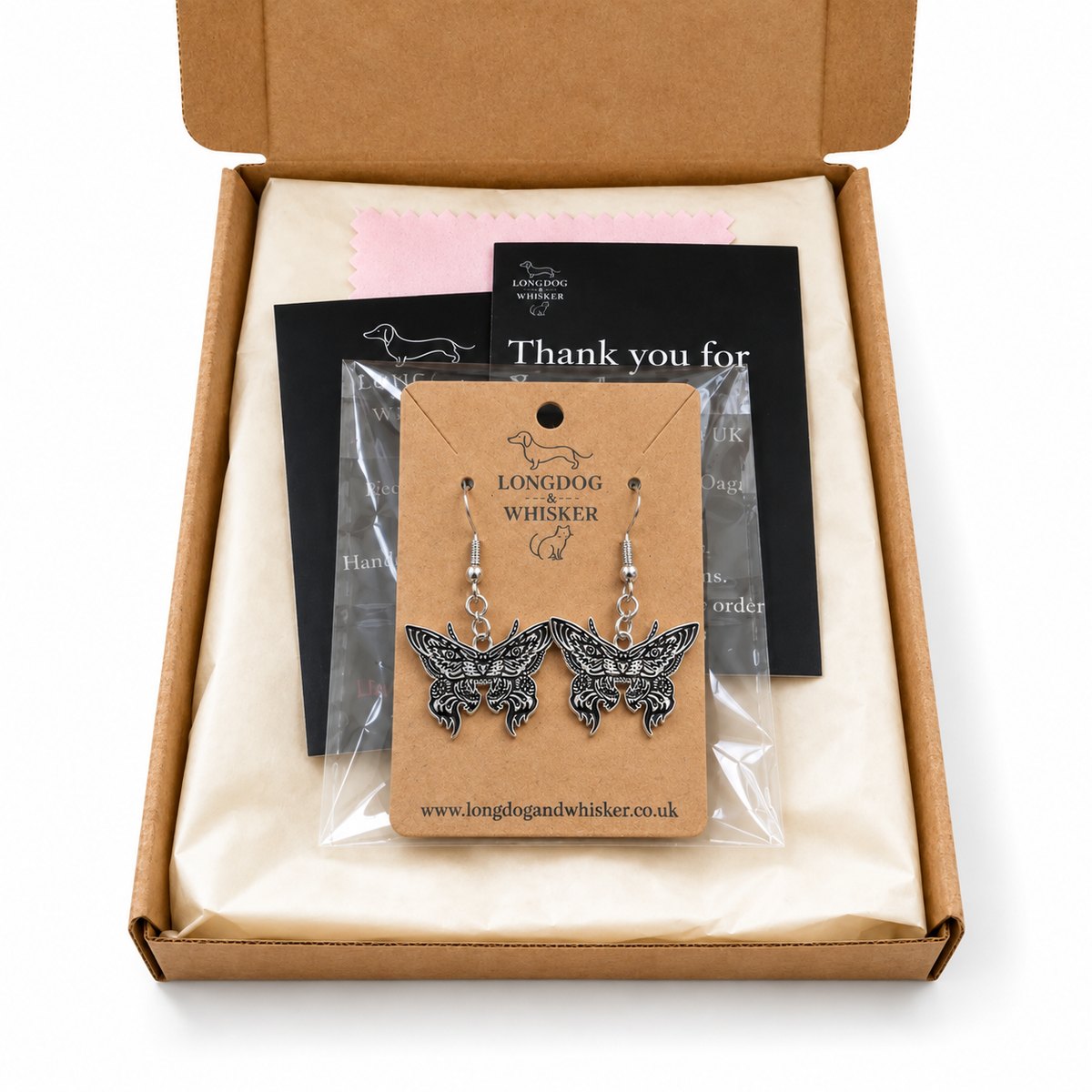 Silver Tiger Moth Drop Earrings in Longdog & Whisker packaging