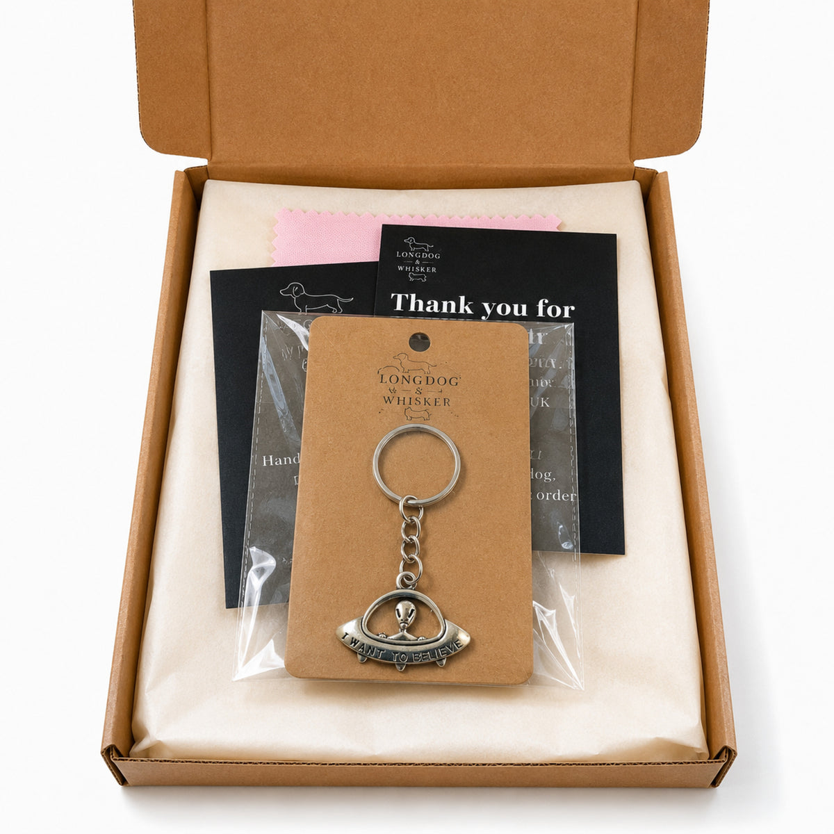 UFO Believe Keyring and Bag Charm in Longdog & Whisker gift packaging