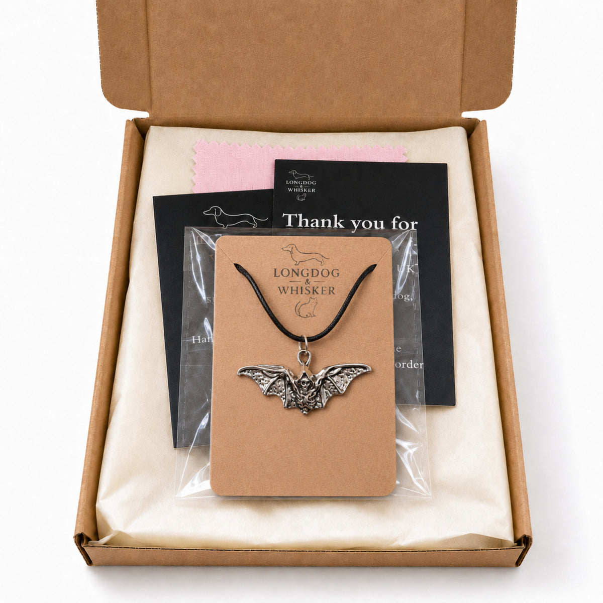 Vampire Bat Necklace with Longdog & Whisker packaging