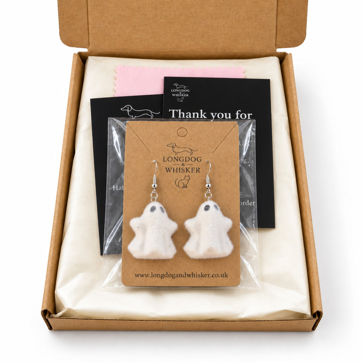 Woooo Ghost Earrings packed in a Longdog & Whisker gift box