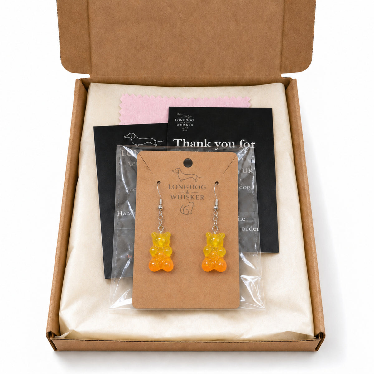 Gummy Bear Earrings - Yellow / Orange with Longdog & Whisker packaging