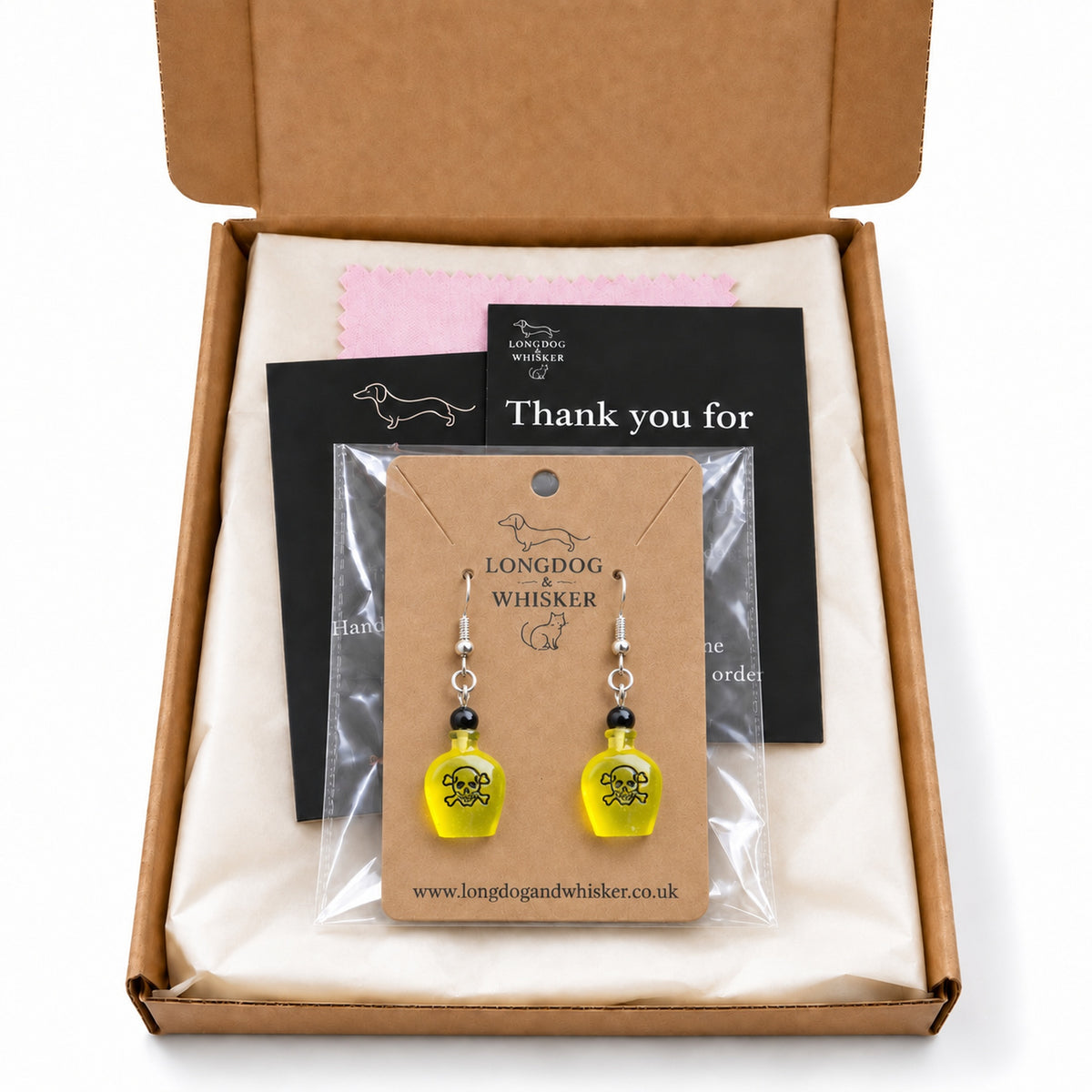Yellow Poison Bottle Drop Earrings with Longdog & Whisker packaging