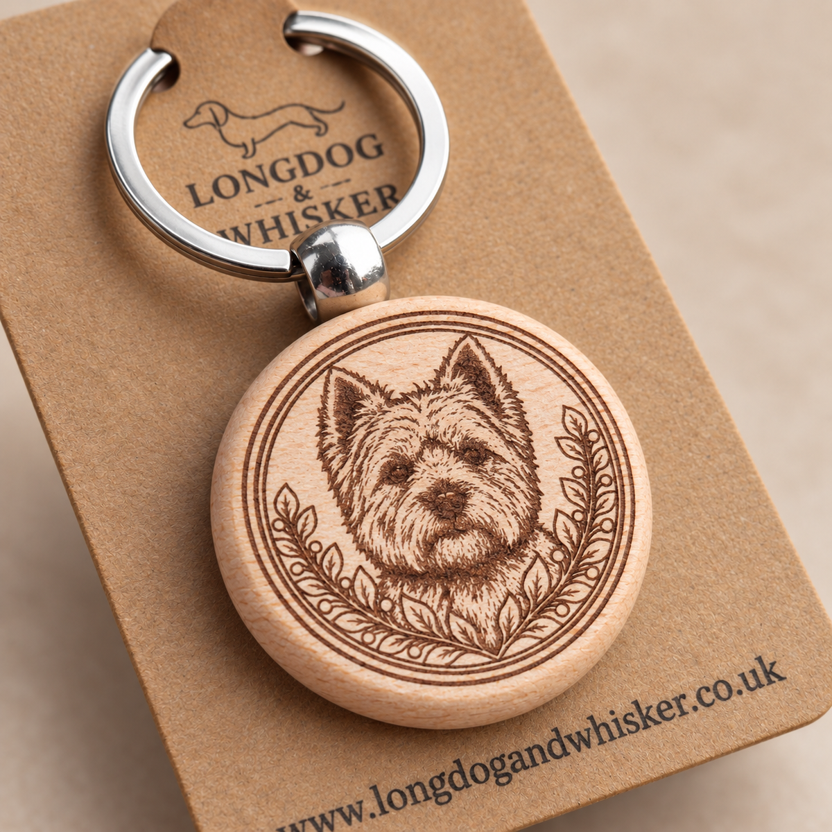 Close-up of Yorkshire Terrier portrait, leafy border, wood edge and silver connector