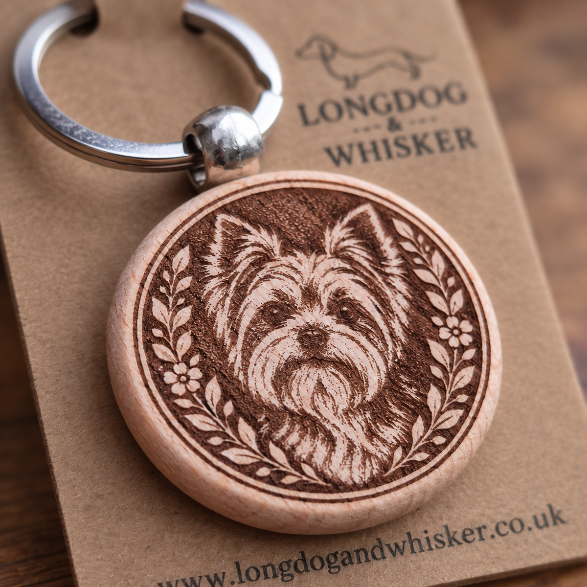 Close detail of the Yorkshire Terrier wooden keyring engraving
