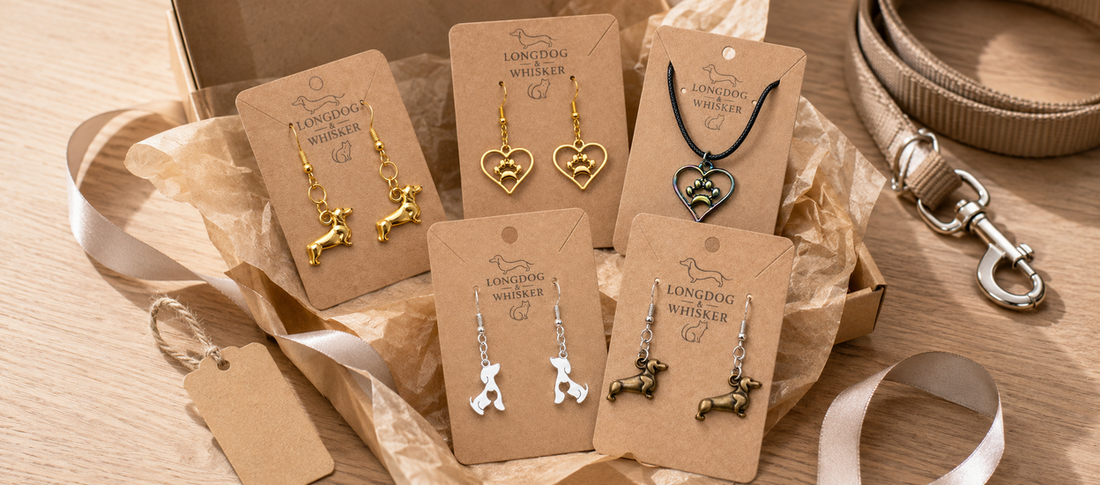 Longdog & Whisker dog lover jewellery gifts using real sausage dog and dog-themed product cards