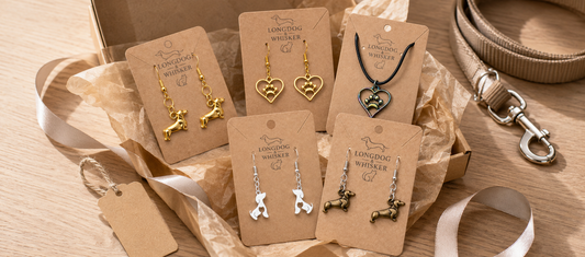 Longdog & Whisker dog lover jewellery gifts using real sausage dog and dog-themed product cards