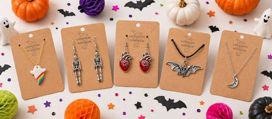 Halloween jewellery blog hero featuring Longdog & Whisker ghost, skeleton, bat and anatomical heart jewellery