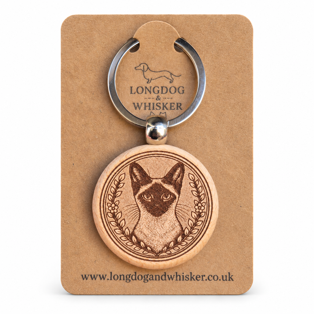 Laser-engraved Siamese cat wooden keyring gift