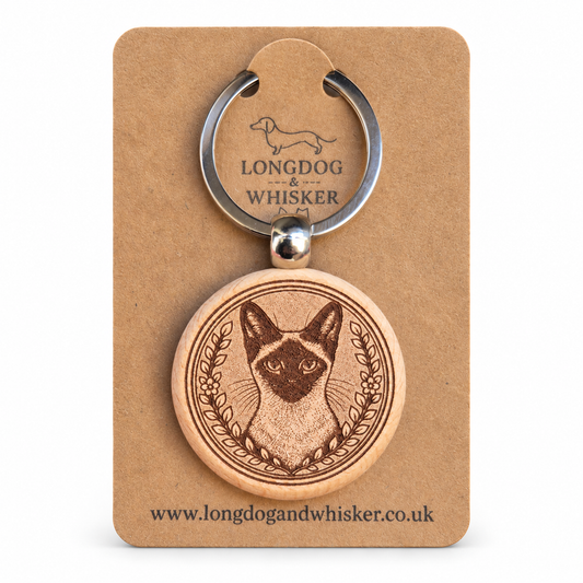 Laser-engraved Siamese cat wooden keyring gift