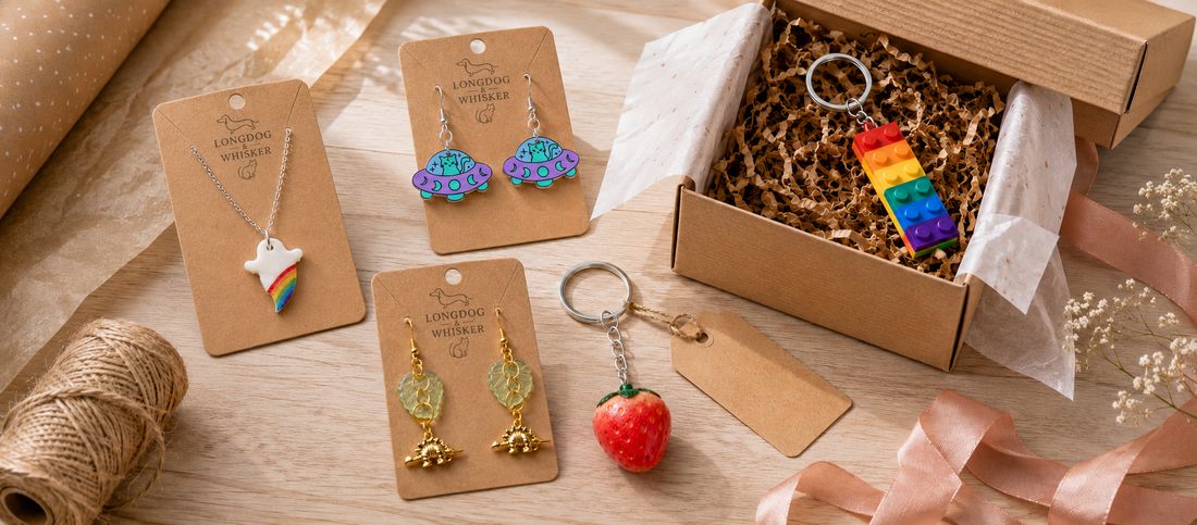 Gift flat lay with Longdog & Whisker branded product cards, jewellery, keyrings and bag charms