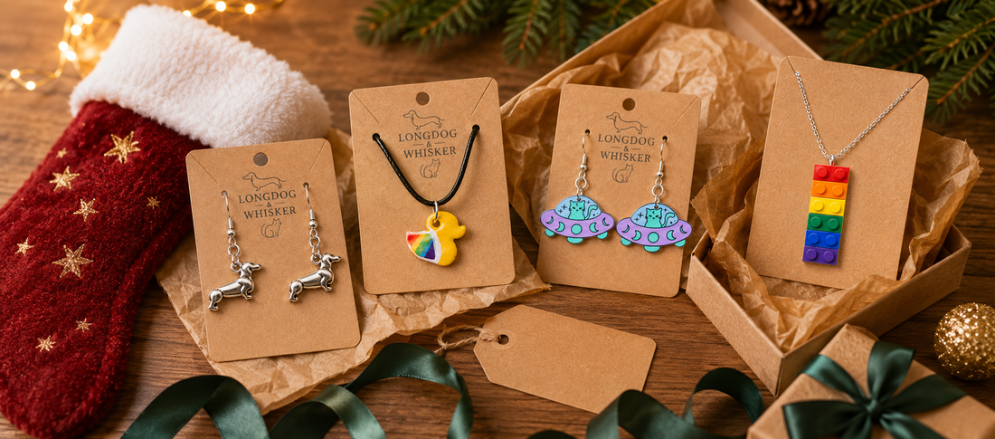 Longdog & Whisker stocking filler jewellery gifts with earrings and necklaces in a festive gift scene