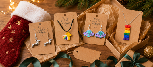 Longdog & Whisker stocking filler jewellery gifts with earrings and necklaces in a festive gift scene