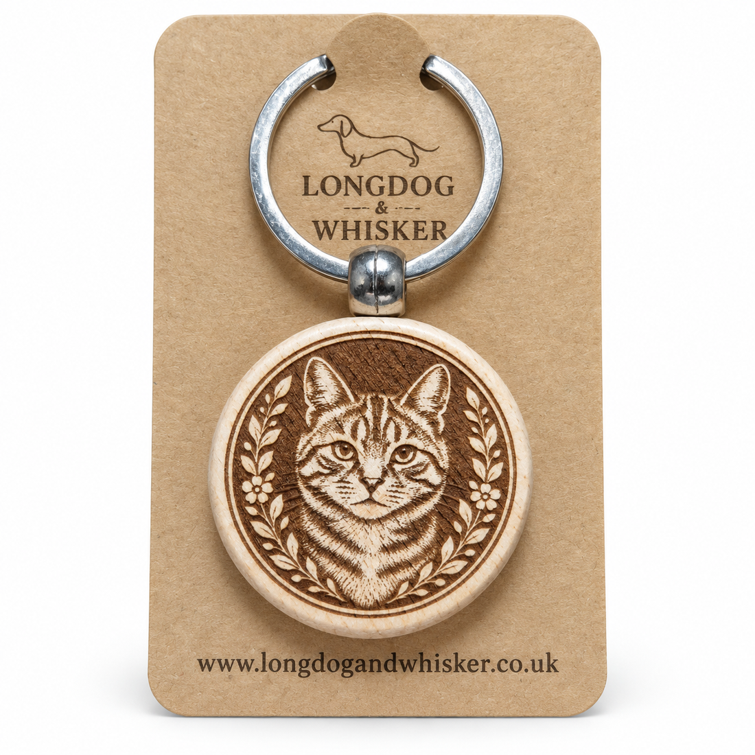 Tabby cat wooden keyring by Longdog & Whisker