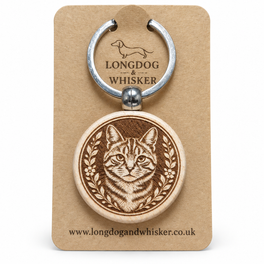 Tabby cat wooden keyring by Longdog & Whisker