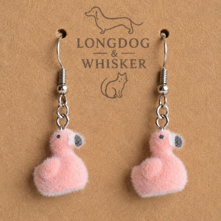 Close up detail of Fuzzy Flamingo Earrings