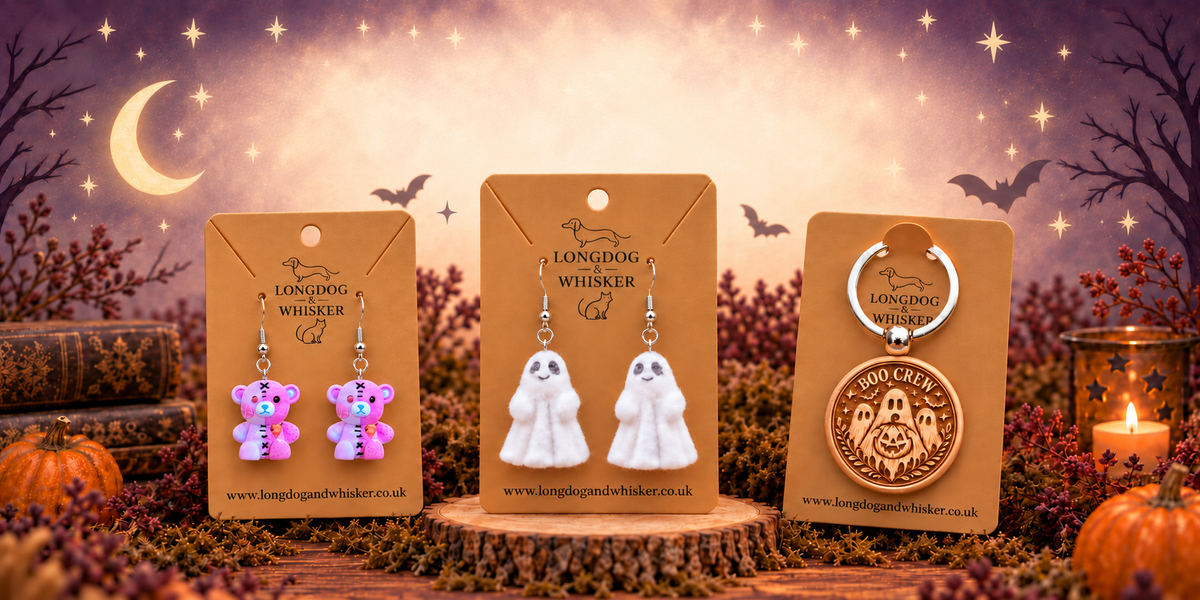 Halloween jewellery with stitched zombie bear earrings, fuzzy ghost earrings and a Boo Crew wooden keyring