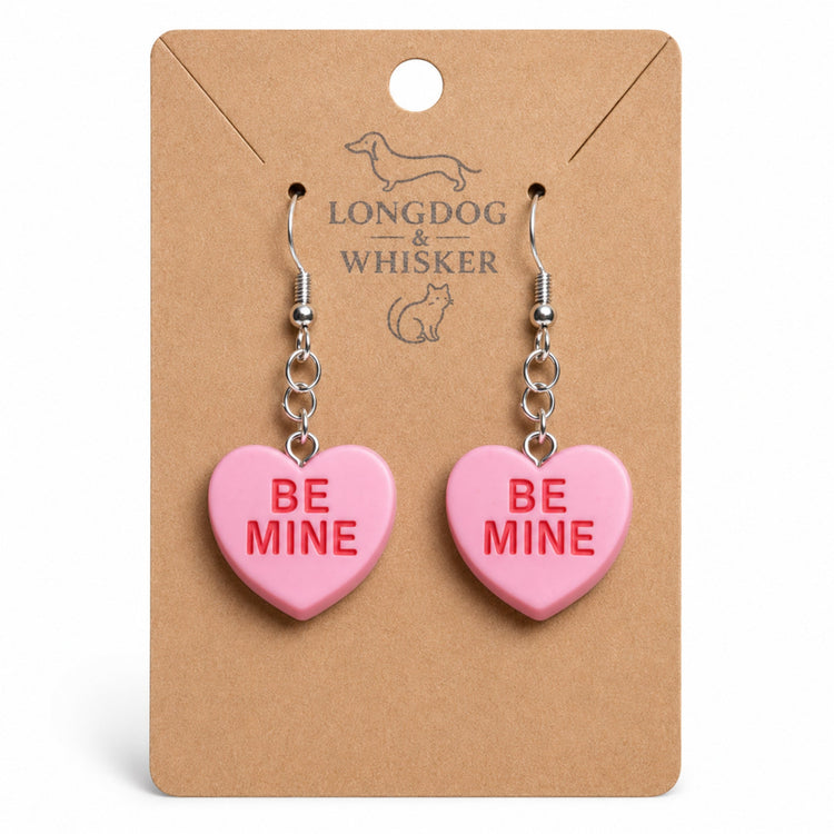 Pink Be Mine heart earrings from the Longdog & Whisker Valentine's jewellery collection